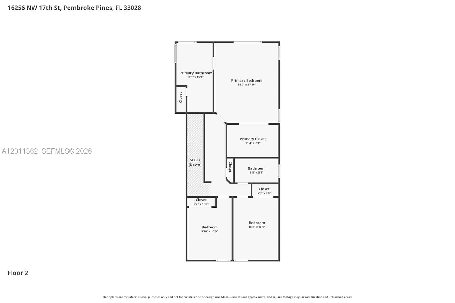 This is a floor plan for the second level of a residential property — PEMBROKE PINES, FL