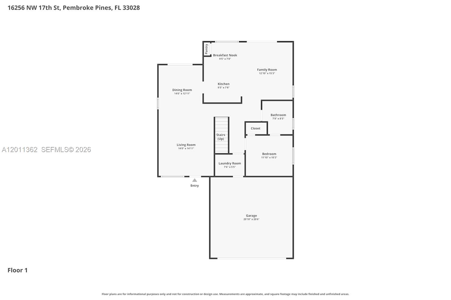 This is a floor plan for the first level of a residential home — PEMBROKE PINES, FL