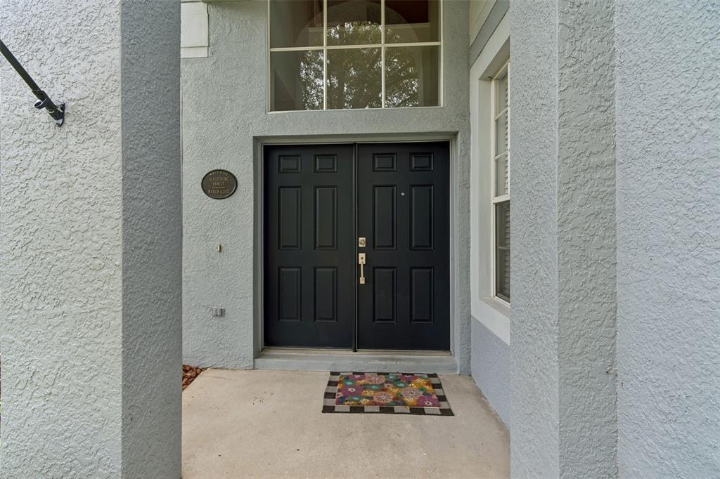 A front entrance features double black doors, a concrete porch, and a decorative wall plaque — 1324 BROOKE VIEW DRIVE, ODESSA, FL