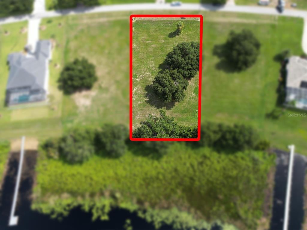 An aerial view shows a rectangular plot of land outlined in red featuring several trees — ROYAL PALM DRIVE UNIT 15, GROVELAND, FL