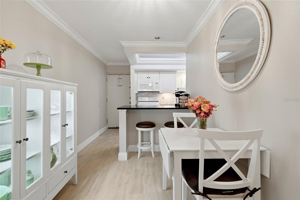 A dining area features a white cabinet, a small table with chairs, and a kitchen pass-through — 8003 JASMINE DRIVE UNIT 8003, TAMPA, FL