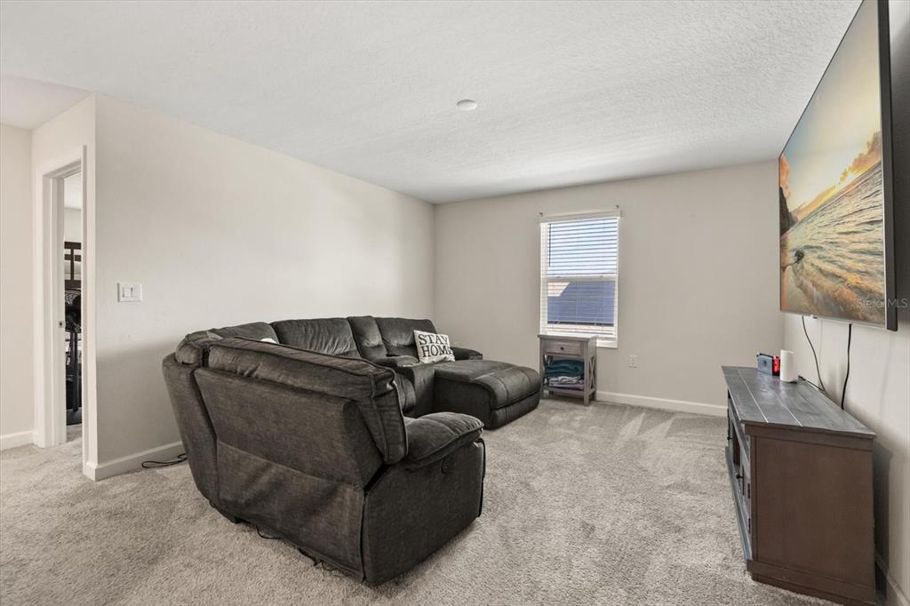 A living room features a dark gray sectional sofa, a television, and a wooden media console — 545 S ANDREA CIRCLE, HAINES CITY, FL