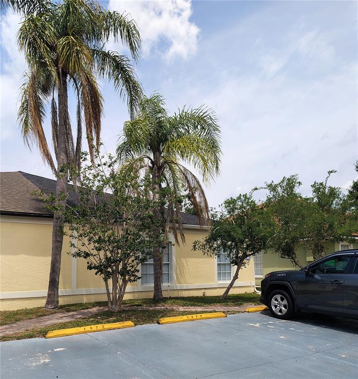 A yellow building exterior features palm trees and parking spaces with numbered yellow concrete bumpers — 1074 UNIVERSAL REST PLACE, KISSIMMEE, FL