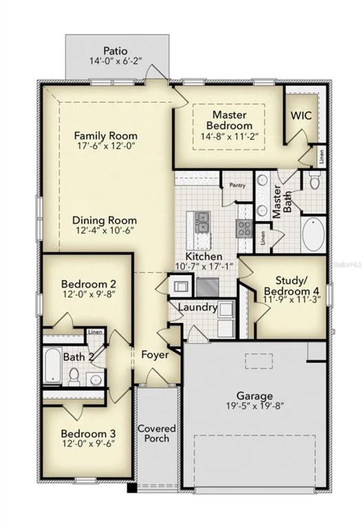 This is a floor plan for a single-story house with four bedrooms and a garage — 16780 NW 16780 NW 178TH TER, ALACHUA, FL