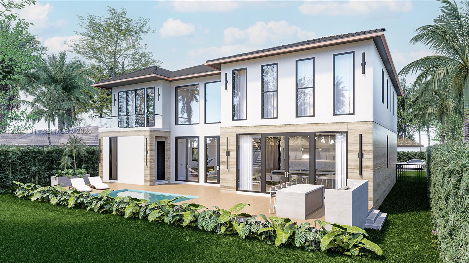 A digital rendering of a modern two-story house exterior featuring a pool and patio area — 3207 Robbins Rd, Pompano Beach FL 33062, POMPANO BEACH, FL