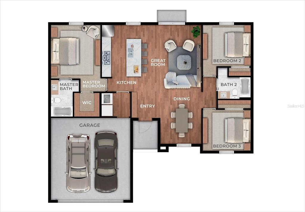 This is a floor plan rendering of a three-bedroom house with an attached two-car garage — 103 DIPLOMAT PARKWAY E, CAPE CORAL, FL