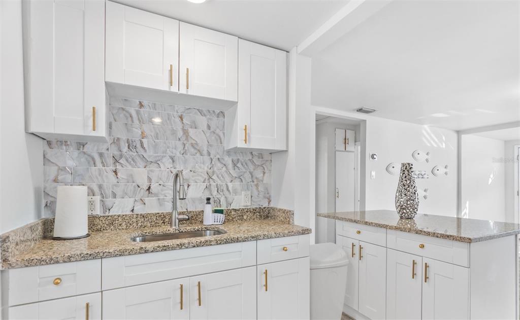 A kitchen features white shaker cabinets, granite countertops, and a marble-look tile backsplash — 7799 46TH AVE N, ST PETERSBURG, FL