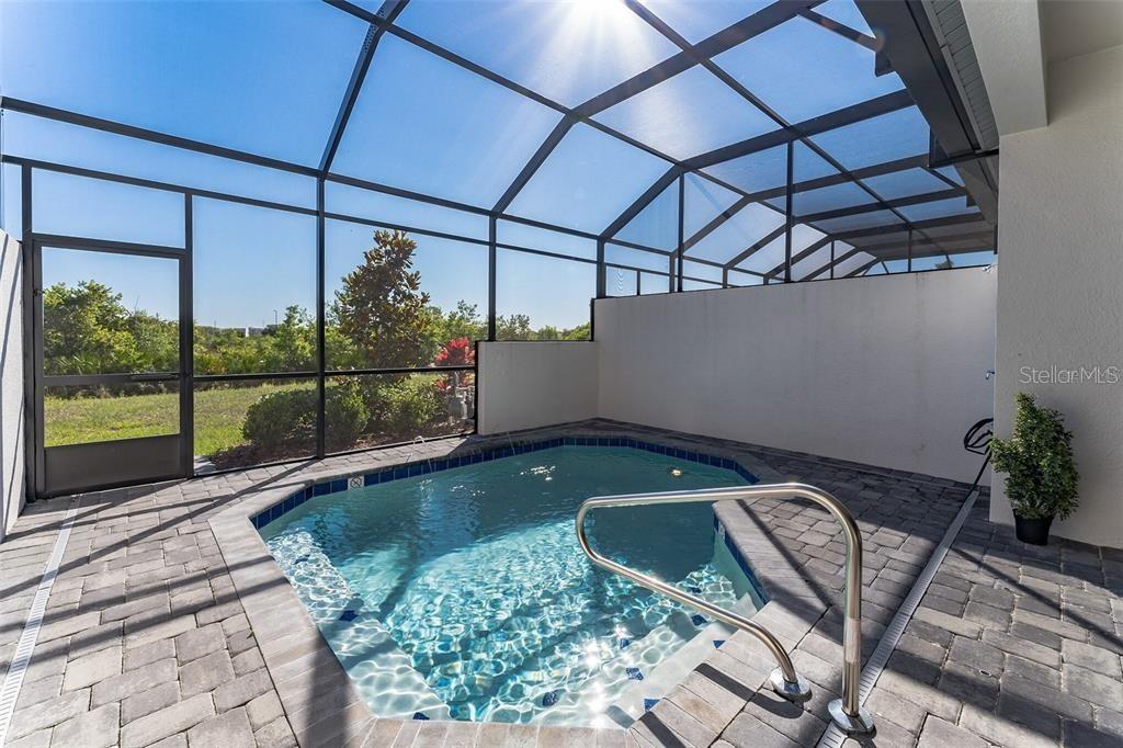 A screened-in patio features a small swimming pool with a metal handrail and paver decking — 490 CAPTIVA DRIVE, DAVENPORT, FL