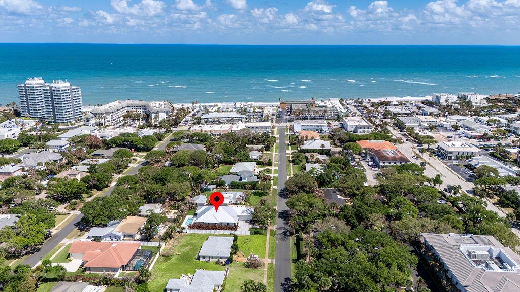 An aerial view shows a residential neighborhood near the ocean with a red location pin — 775 Acacia Road, Vero Beach FL 32963, VERO BEACH, FL