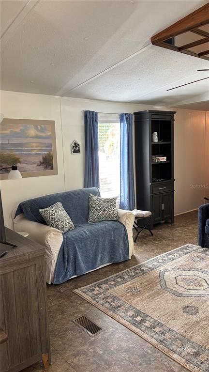 A living room features a blue-covered loveseat, a tall black cabinet, and a patterned rug — 8456 SW STATE ROAD 47, LAKE CITY, FL