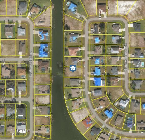 This is an aerial map showing residential lots and houses along a canal — 2312 SW 5TH AVENUE, CAPE CORAL, FL