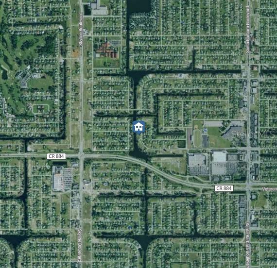 This is an aerial map view of a residential neighborhood with canals and major roads — 2312 SW 5TH AVENUE, CAPE CORAL, FL