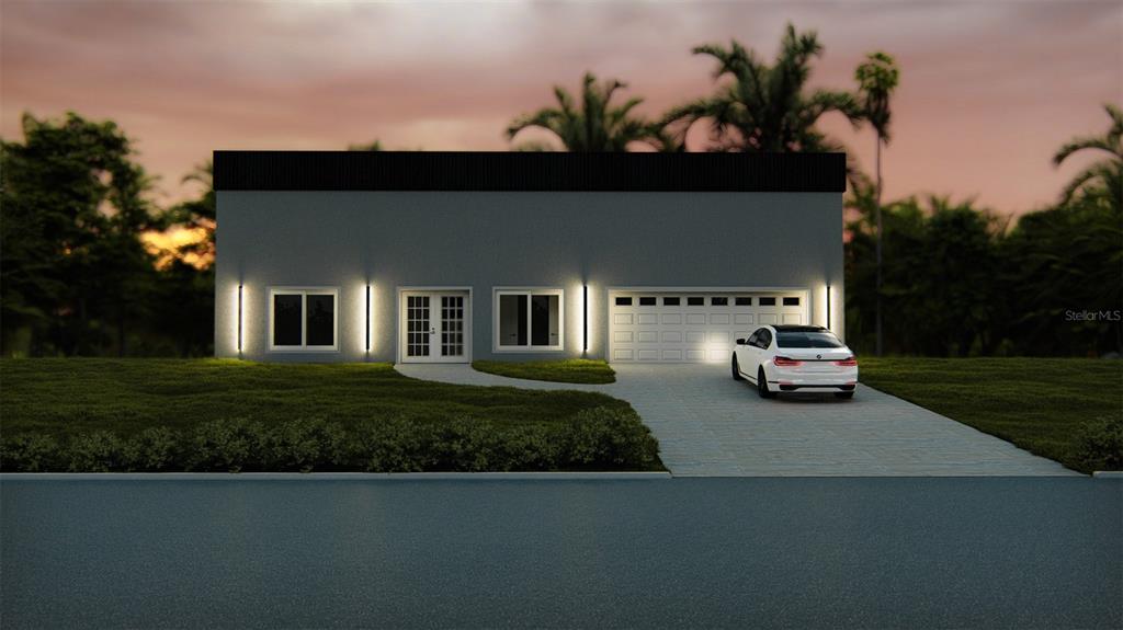 A digital rendering of a modern, single-story house exterior with a garage and driveway — 12493 WILLMINGTON BOULEVARD, PORT CHARLOTTE, FL