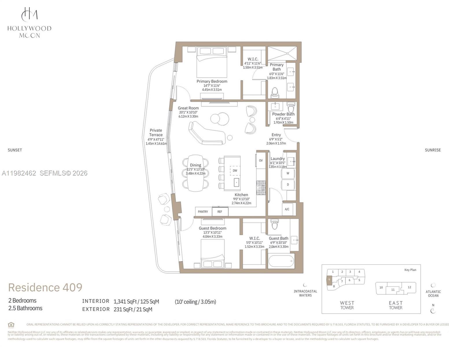 This is a floor plan for a two-bedroom, 2.5-bathroom residential unit with a private terrace — 901 S Ocean Dr. # 409, Hollywood FL 33019, HOLLYWOOD, FL