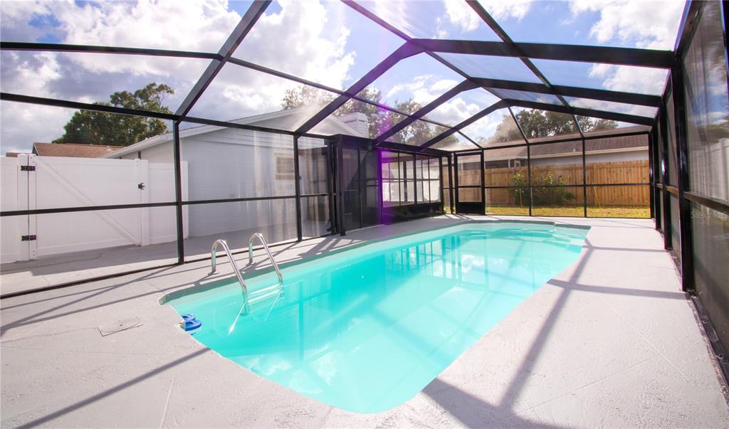 A rectangular swimming pool is enclosed by a black-framed screen structure on a concrete patio — 9409 LONSDALE COURT, TAMPA, FL