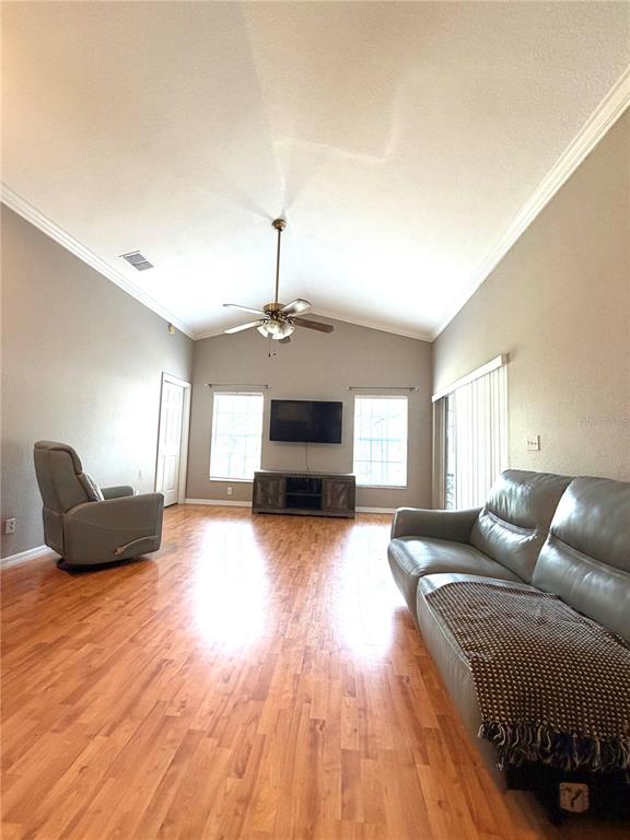A living room features a vaulted ceiling, wood-look flooring, a ceiling fan, and a television — 902 E TOMLIN STREET, PLANT CITY, FL
