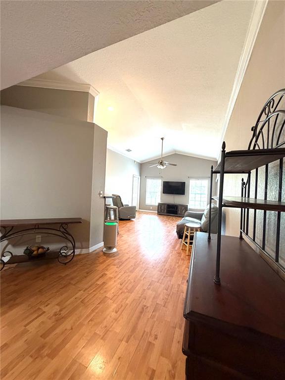A living room with vaulted ceilings, wood-look flooring, and a television on a media console — 902 E TOMLIN STREET, PLANT CITY, FL