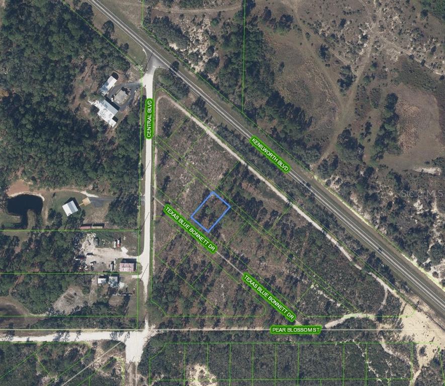 An aerial map view shows a highlighted rectangular land parcel near intersecting roads — 6139 TEXAS BLUE BONNETT DRIVE, SEBRING, FL