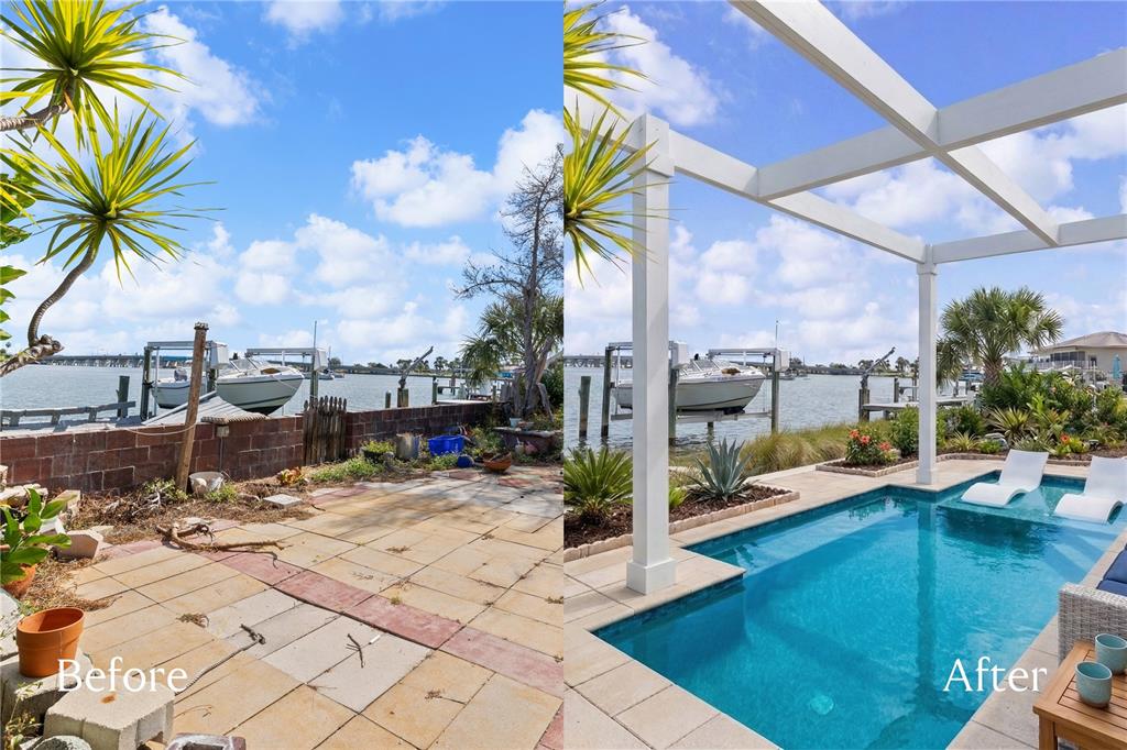 A split-screen comparison shows a waterfront backyard before and after a pool and pergola installation — 7815 BOCA CIEGA DRIVE, ST PETE BEACH, FL
