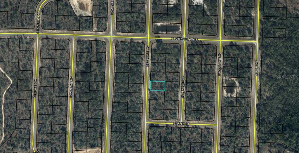This is an aerial map showing a vacant lot highlighted in blue within a residential subdivision — Lot 12 Unit 16 Blk 796 BRADFORD AVENUE, CHIPLEY, FL