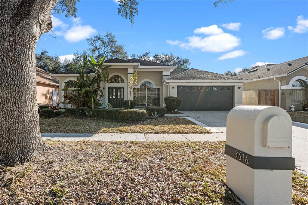 A single-story house with a beige stucco exterior, a two-car garage, and a front lawn — 3616 CYPRESS MEADOWS ROAD, TAMPA, FL