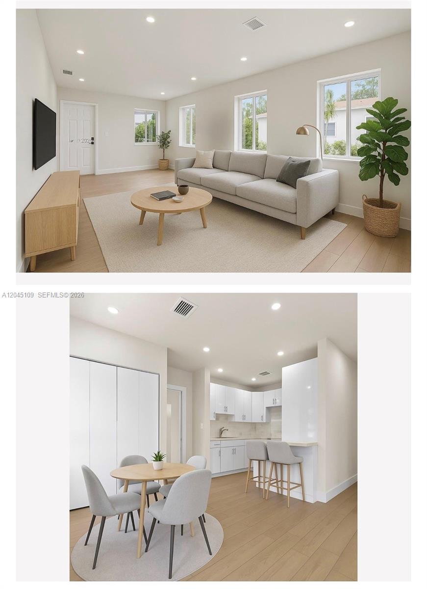This image shows a living room and a kitchen with dining area in a home — 3455 E 1st Ct # 3455, Hialeah FL 33013, HIALEAH, FL