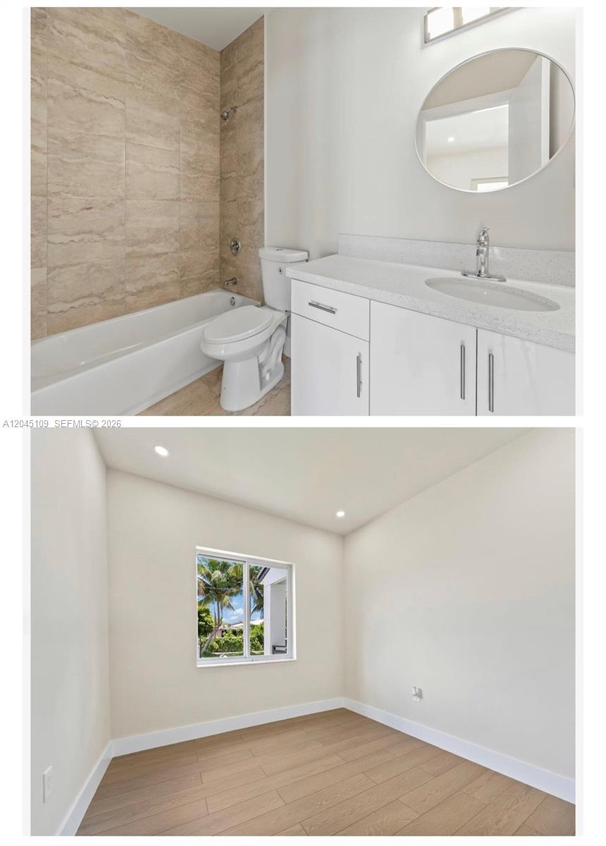 This image shows a bathroom with a tub-shower combo and a bedroom with wood flooring — 3455 E 1st Ct # 3455, Hialeah FL 33013, HIALEAH, FL