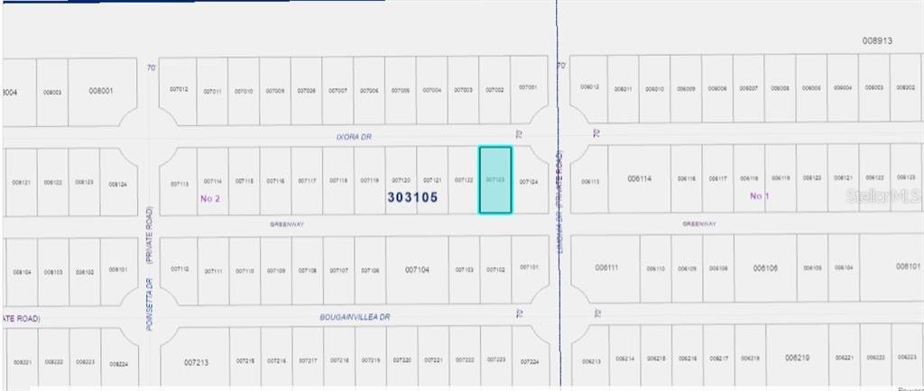 This is a plat map showing a highlighted parcel of land within a residential subdivision — 203 IXORA DRIVE, INDIAN LAKE ESTATES, FL