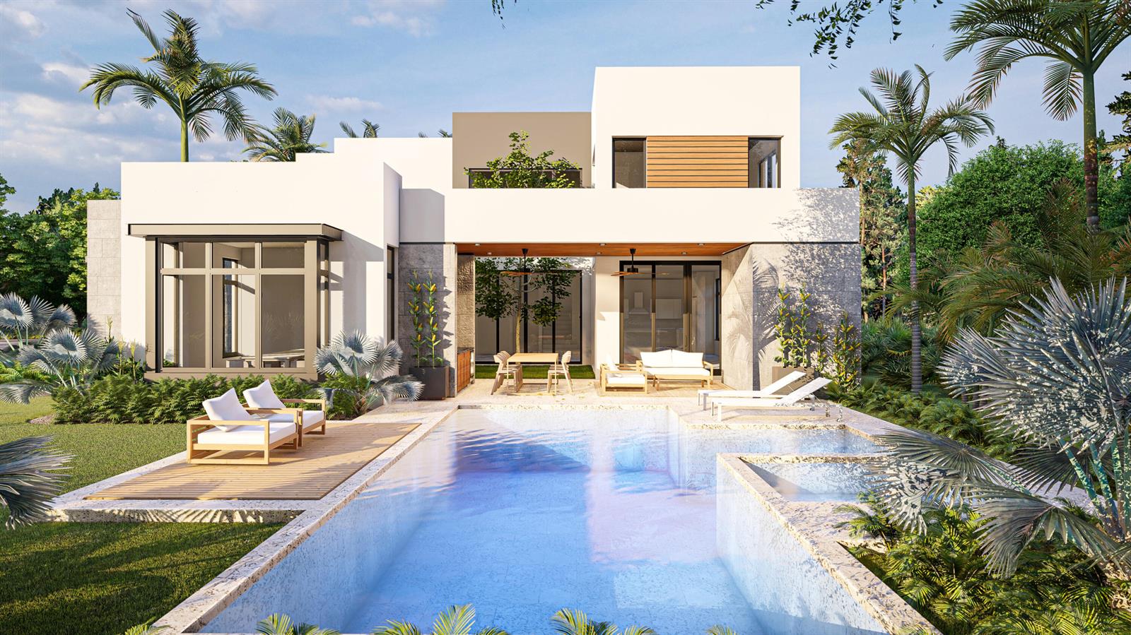 A rendering of a modern two-story house with a swimming pool and patio area — 16670 Mosaic Place, Delray Beach FL 33446, DELRAY BEACH, FL