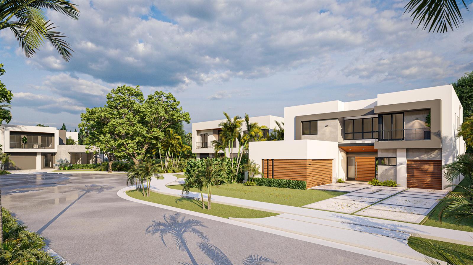 A digital rendering of a modern two-story house with a driveway and palm trees — 16670 Mosaic Place, Delray Beach FL 33446, DELRAY BEACH, FL