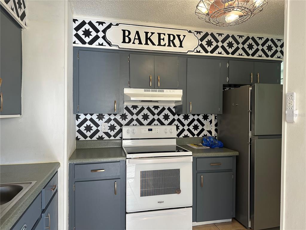 A kitchen features gray cabinets, a white stove, and a black-and-white patterned tile backsplash — 9050 SW 101 ST LANE, OCALA, FL