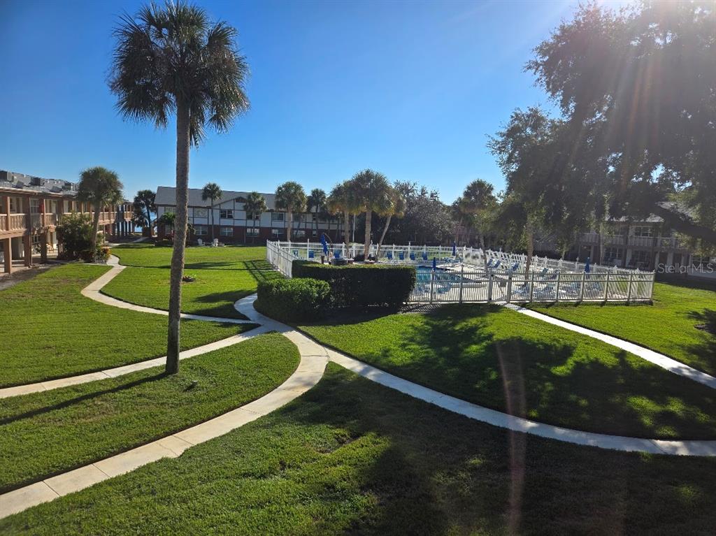 A view of a grassy courtyard with a swimming pool, palm trees, and apartment buildings — 650 PINELLAS POINT DRIVE S UNIT 204, ST PETERSBURG, FL