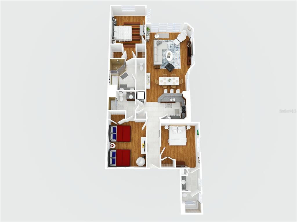 This is a 3D floor plan rendering of a three-bedroom apartment with two bathrooms — 7650 WHISPER WAY UNIT 104, REUNION, FL