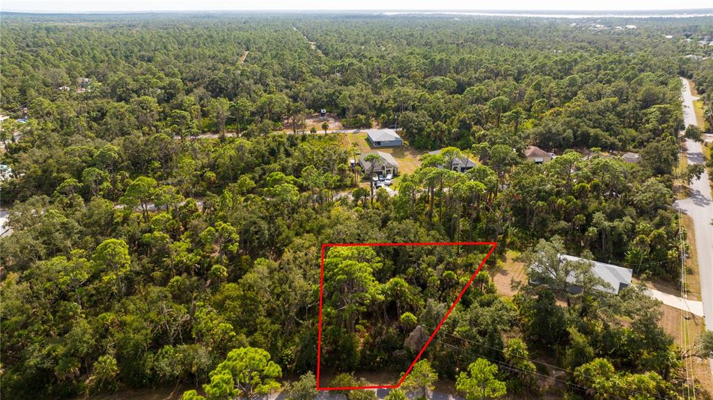 An aerial view shows a wooded, trapezoidal-shaped vacant lot outlined in red — 14091 SLICHTER AVENUE, PORT CHARLOTTE, FL