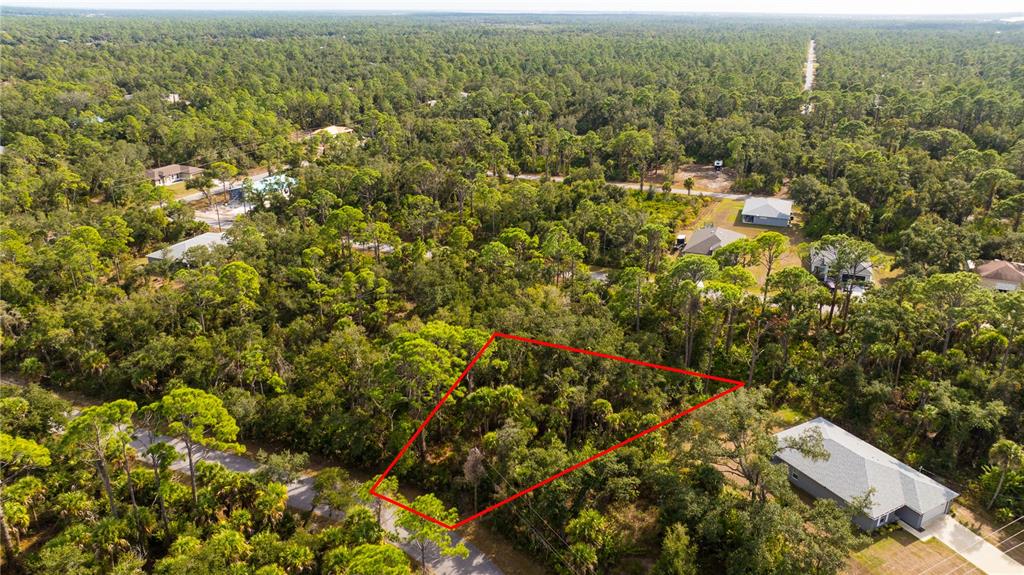 An aerial view shows a vacant, wooded lot outlined in red within a residential neighborhood — 14091 SLICHTER AVENUE, PORT CHARLOTTE, FL