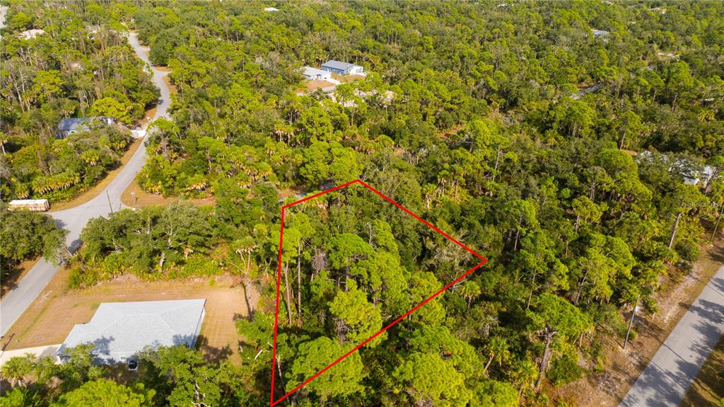 An aerial view shows a wooded, triangular-shaped vacant lot outlined in red between two roads — 14091 SLICHTER AVENUE, PORT CHARLOTTE, FL