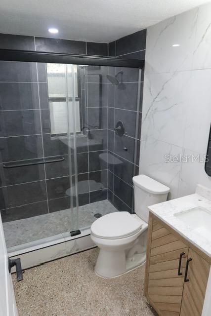 A bathroom features a glass-enclosed shower with dark tiles, a white toilet, and a wood vanity — 559 NASTURTIUM AVENUE, SEBRING, FL