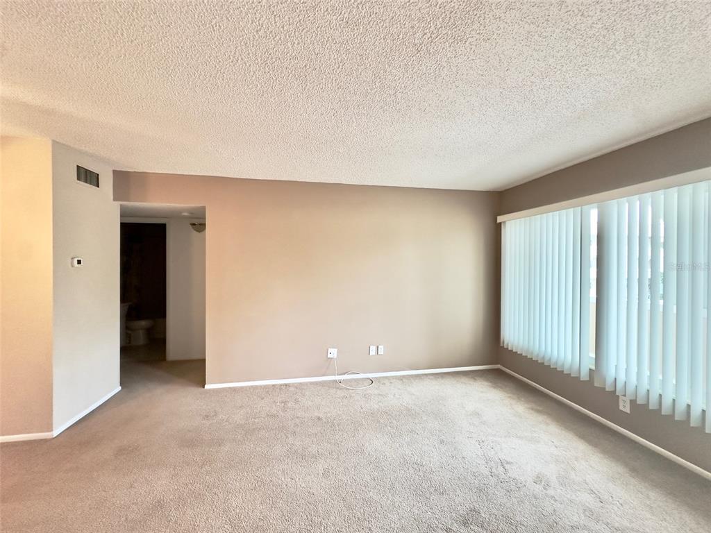 An empty living room features beige carpet, tan walls, a textured ceiling, and vertical window blinds — 2287 PHILIPPINE DRIVE UNIT 29, CLEARWATER, FL