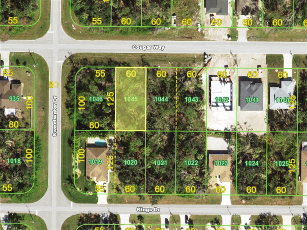 This is an aerial map showing residential lots and street layouts in a neighborhood — 199 COUGAR WAY, ROTONDA WEST, FL