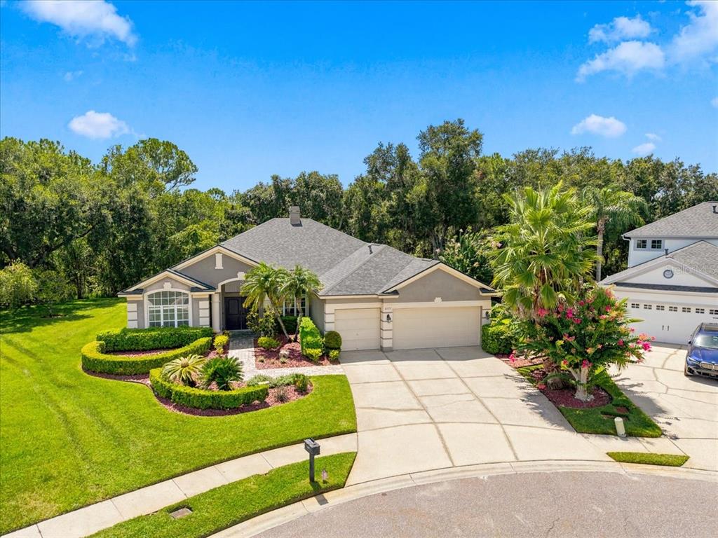 A single-story house with a tan exterior, a two-car garage, and a manicured front lawn — 6121 CHENE COURT, LUTZ, FL