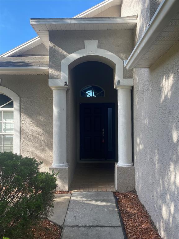 The exterior entrance features a covered porch with two white columns and a dark door — 10471 LUCAYA DRIVE, TAMPA, FL