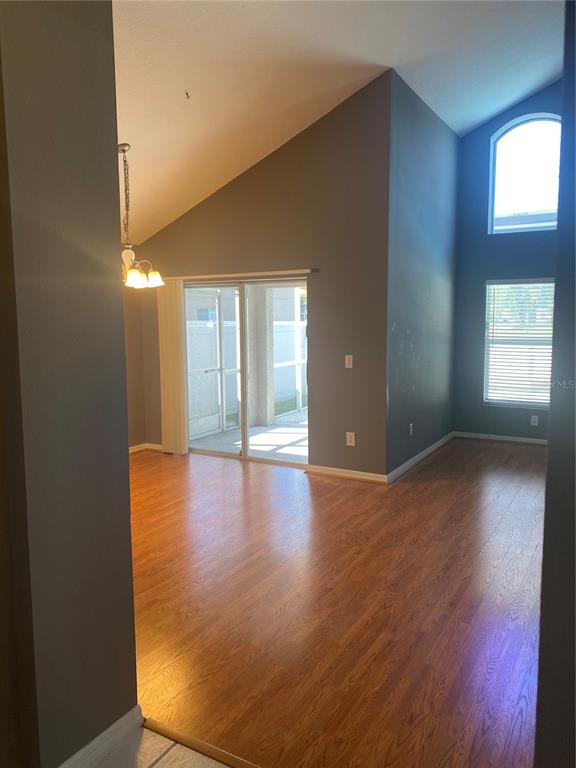 A living room with vaulted ceilings, wood-look flooring, and a sliding glass door to a patio — 10471 LUCAYA DRIVE, TAMPA, FL
