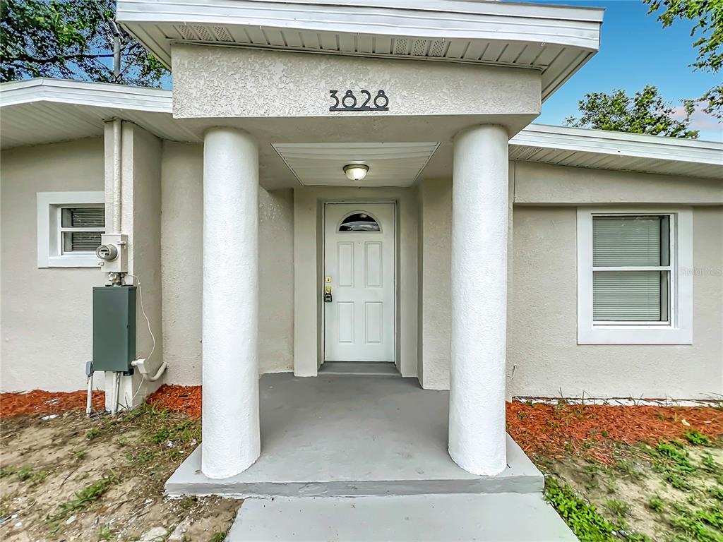 The front entrance of a house features a covered porch with two white columns — 3828 WHITE HERON DRIVE, ORLANDO, FL