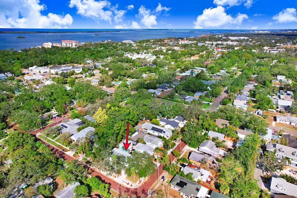 An aerial view shows a residential neighborhood with a red arrow pointing to a house — 530 LOCKLIE STREET, DUNEDIN, FL