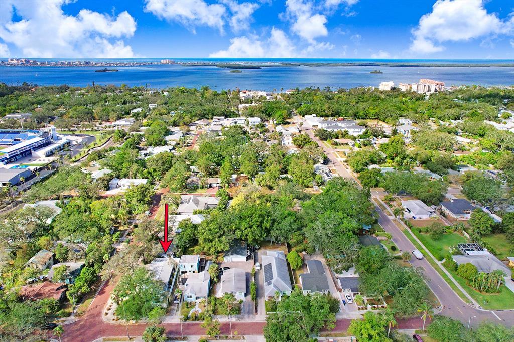 An aerial view shows a residential neighborhood with a red arrow pointing to a house — 530 LOCKLIE STREET, DUNEDIN, FL