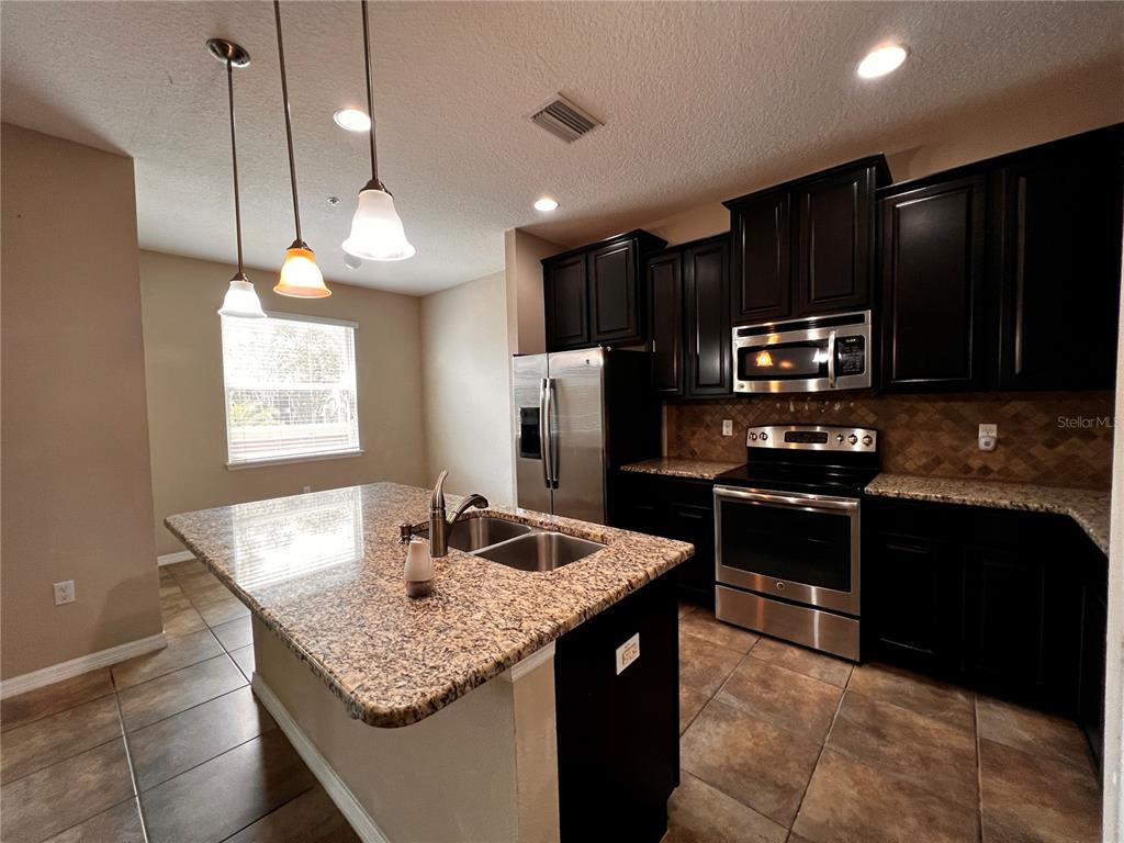 A kitchen with dark cabinets, granite countertops, stainless steel appliances, and a central island — 8613 ANDALUCIA FIELD DRIVE, TAMPA, FL