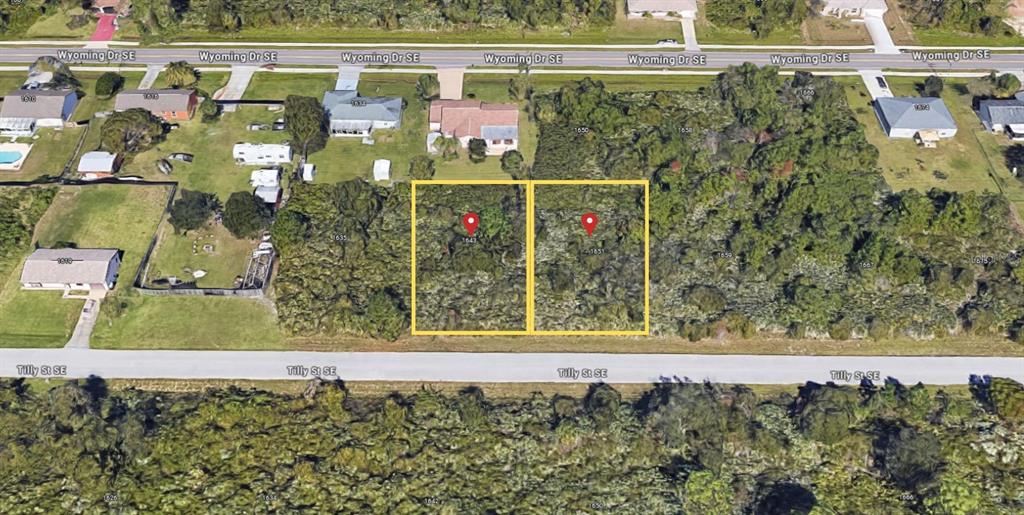 An aerial view shows two adjacent, undeveloped, wooded rectangular lots located between two paved streets — 1643 & 1651 TILLY STREET SE, PALM BAY, FL