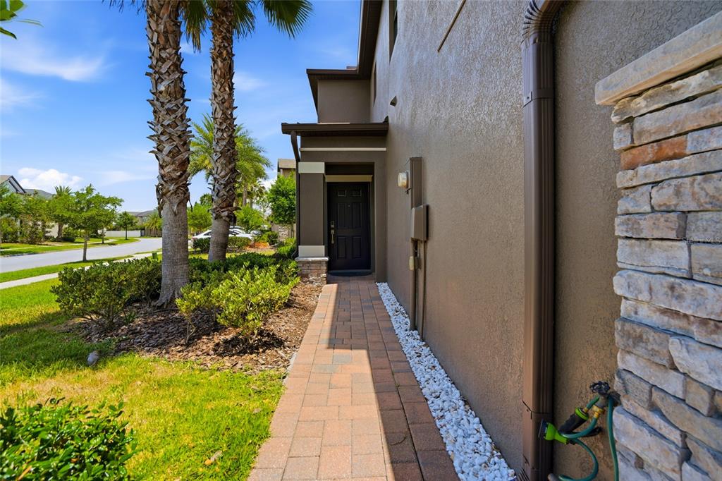 A paved walkway leads to a dark front door beside a stone-accented exterior wall — 28580 TRANQUIL LAKE CIRCLE, WESLEY CHAPEL, FL