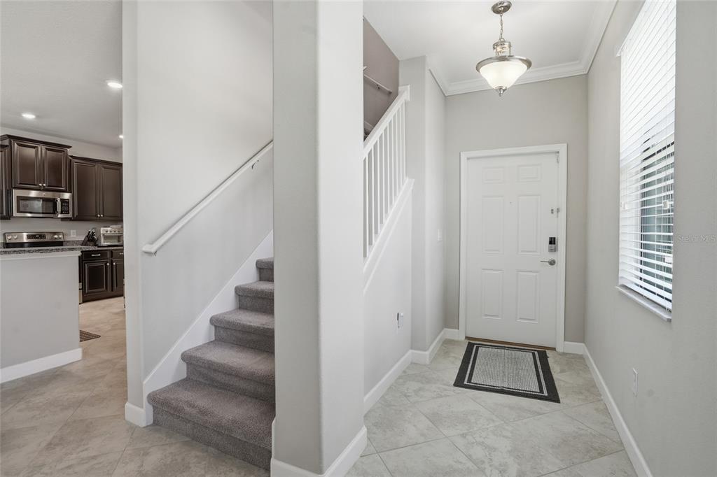 An entryway features a staircase with gray carpet, tile flooring, and a white front door — 28580 TRANQUIL LAKE CIRCLE, WESLEY CHAPEL, FL