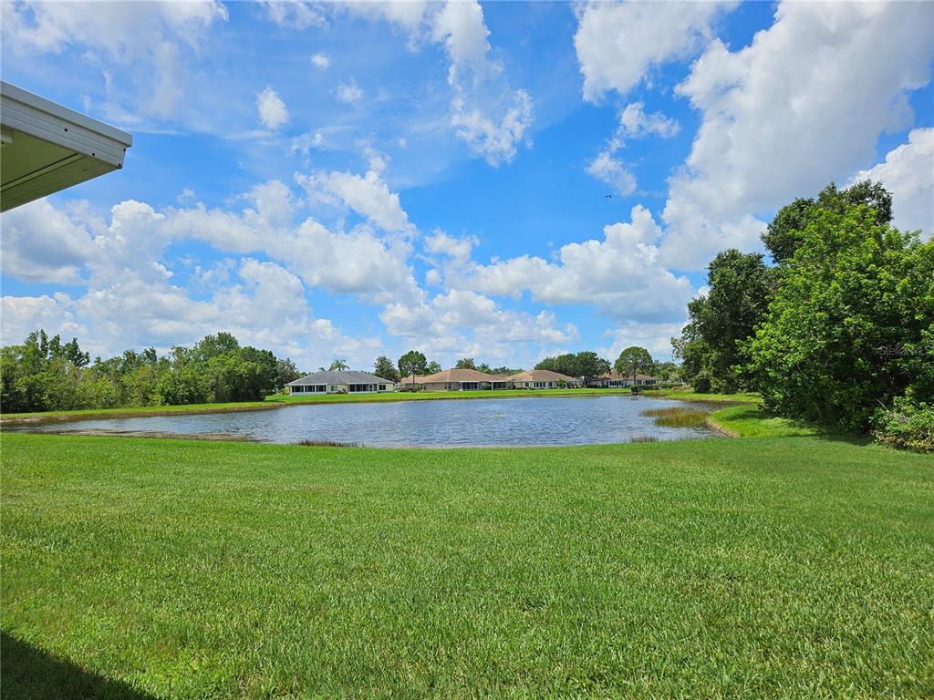 A grassy backyard overlooks a small pond with houses visible in the distance — 739 TREMONT GREENS LANE, SUN CITY CENTER, FL